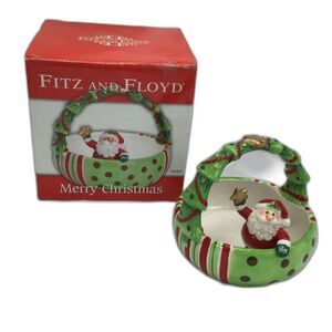 Fitz Floyd Ceramic Santa Bowl Candy Dish With Box Green Stripe Christmas